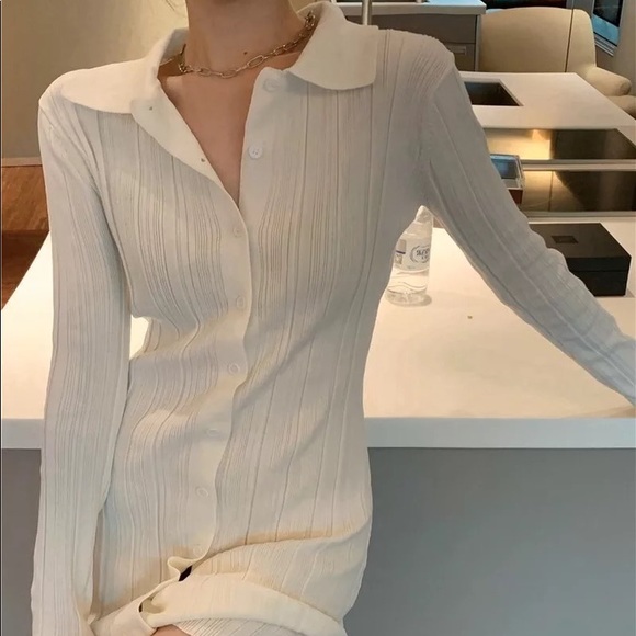 Cardigan sweater dress collar button cream white long top - Picture 4 of 4